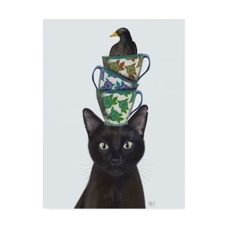 TRADEMARK FINE ART Fab Funky 'Black Cat With Teacups And Blackbird' Canvas Art, 18x24 WAG12654-C1824GG